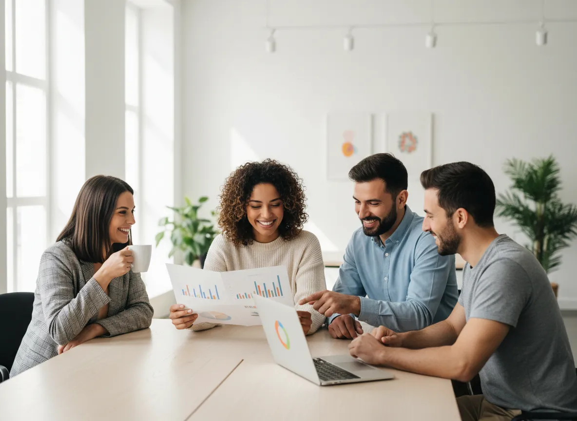 Clean modern illustration of small business owners reviewing a marketing report