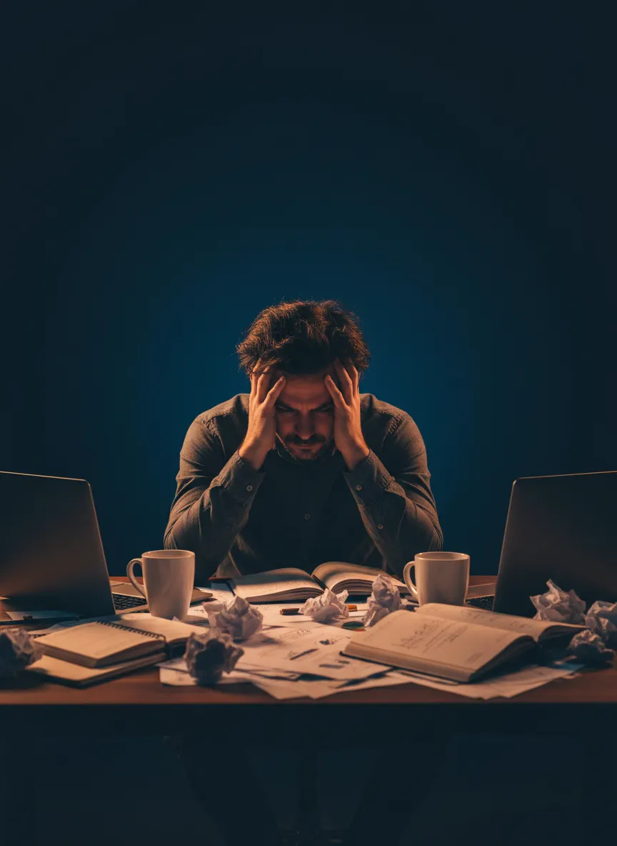 Frustrated person at a cluttered desk attempting to find a clear income pathway