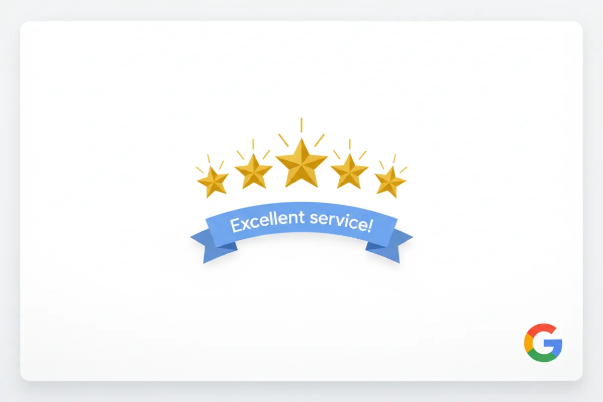 Five gold stars and a mobile device displaying a 5‑star Google review snippet with subtle Google ‘G’ color accents; friendly business vibe, high-contrast and legible at thumbnail sizes