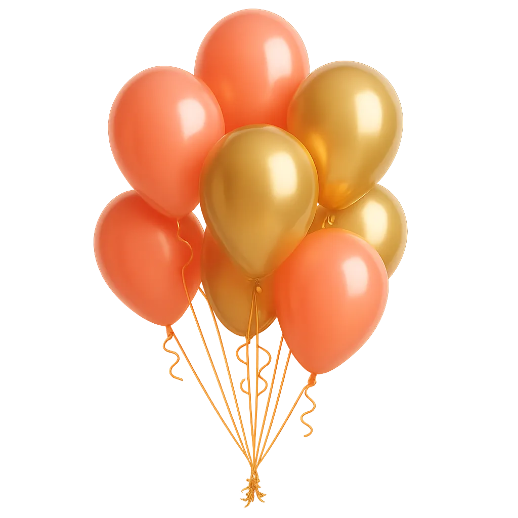 Coral and gold helium balloons with curled ribbons on transparent background