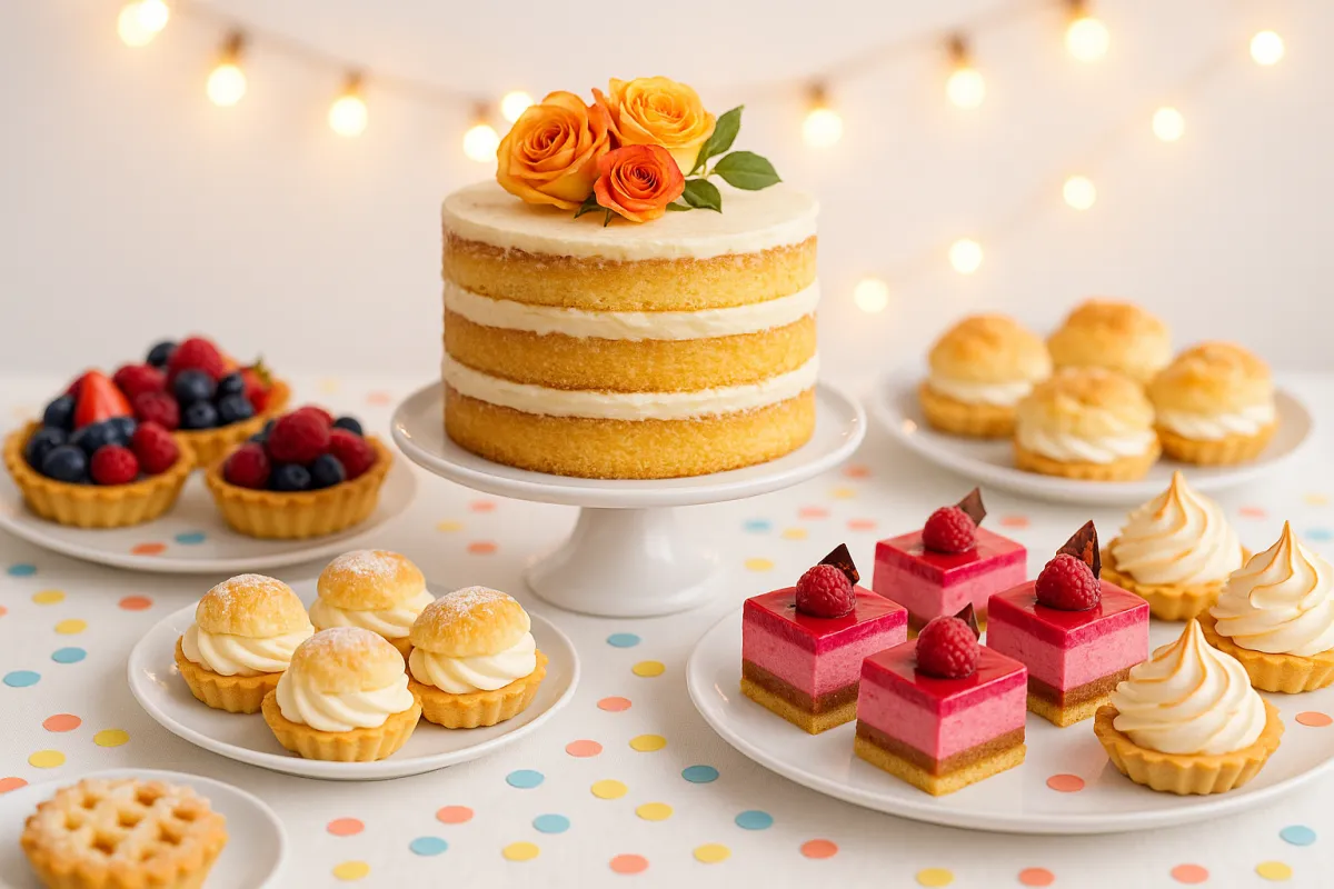 Elegant dessert table with layered cake, assorted pastries, confetti accents and warm string lights.