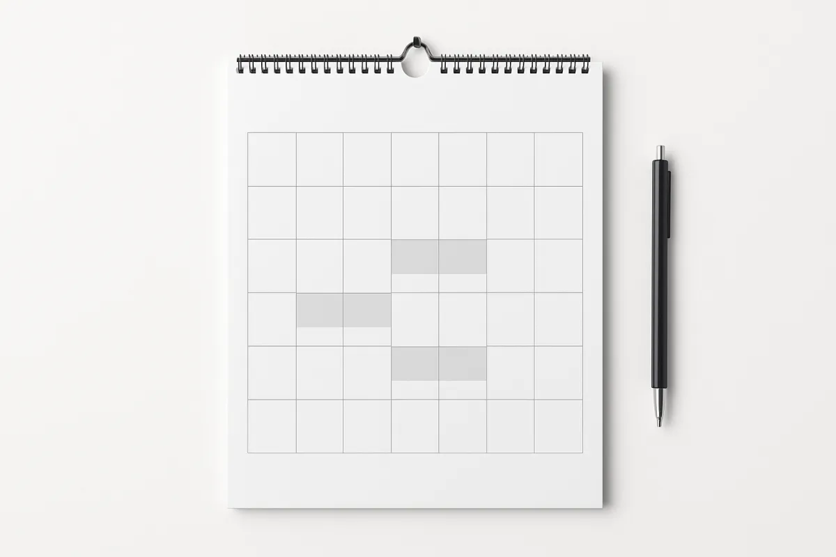 Minimal modern wall calendar mockup with marked appointment slots and a pen on clean white background
