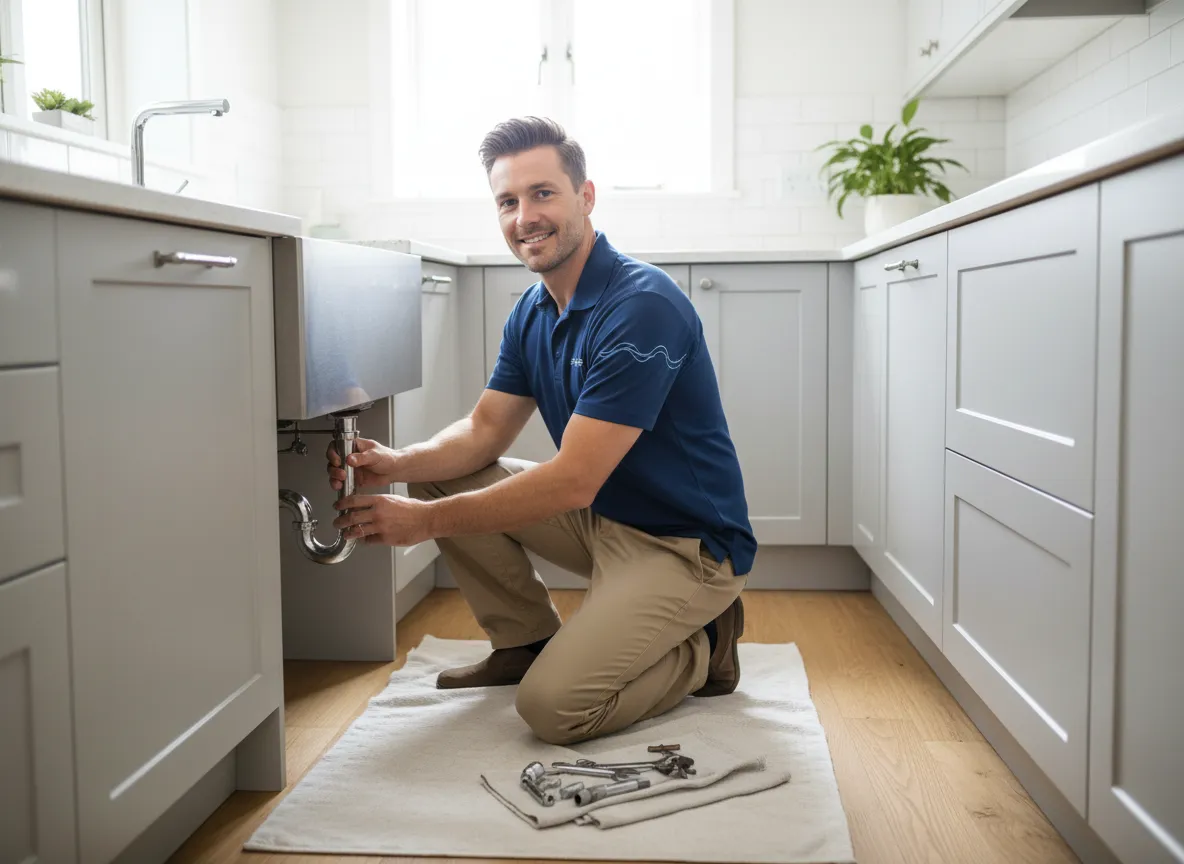 Plumber from ClearFlow Plumbing working under a kitchen sink