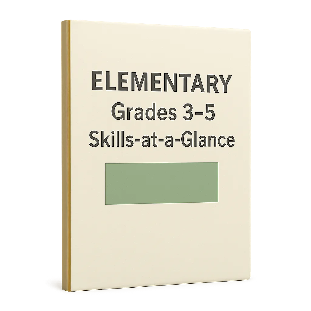 Elementary 3-5 Skills-at-a-Glance Guide PDF cover illustrating reading comprehension and mathematical logic