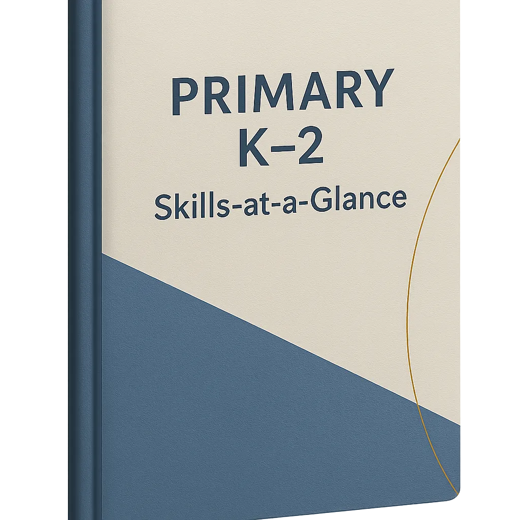 Primary K-2 Skills-at-a-Glance Guide PDF cover featuring reading foundations and early numeracy benchmarks