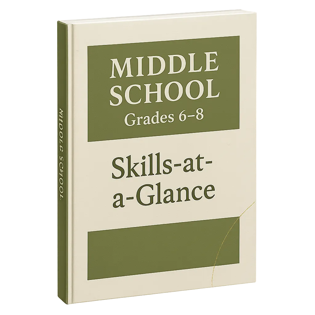 Middle School 6-8 Skills-at-a-Glance Guide PDF cover highlighting pre-algebra and analytical writing benchmarks