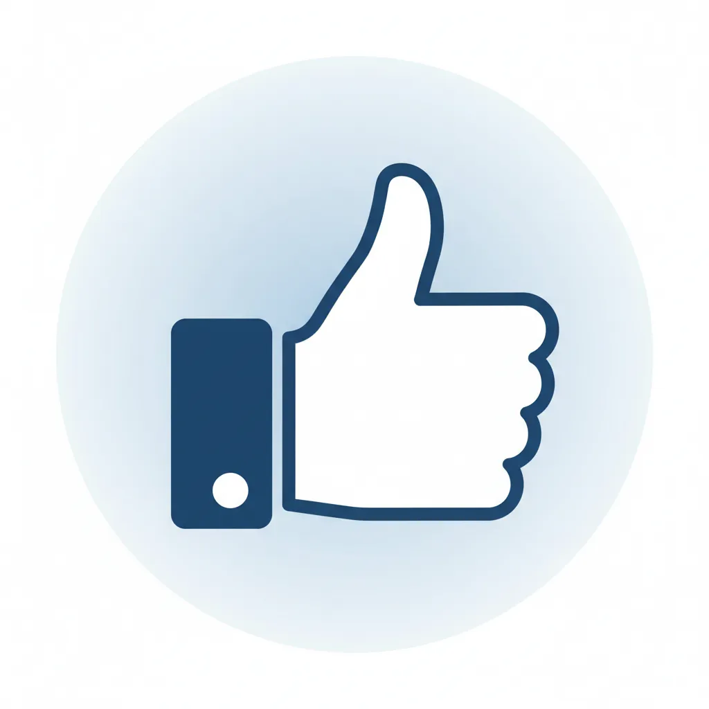 A flat vector icon of a hand giving a thumbs up, colored in deep blue and white, set on a subtle circular background.