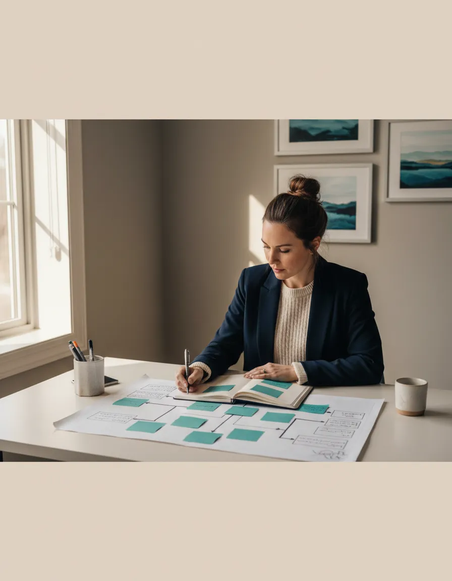 Small business owner reviewing organized notes
