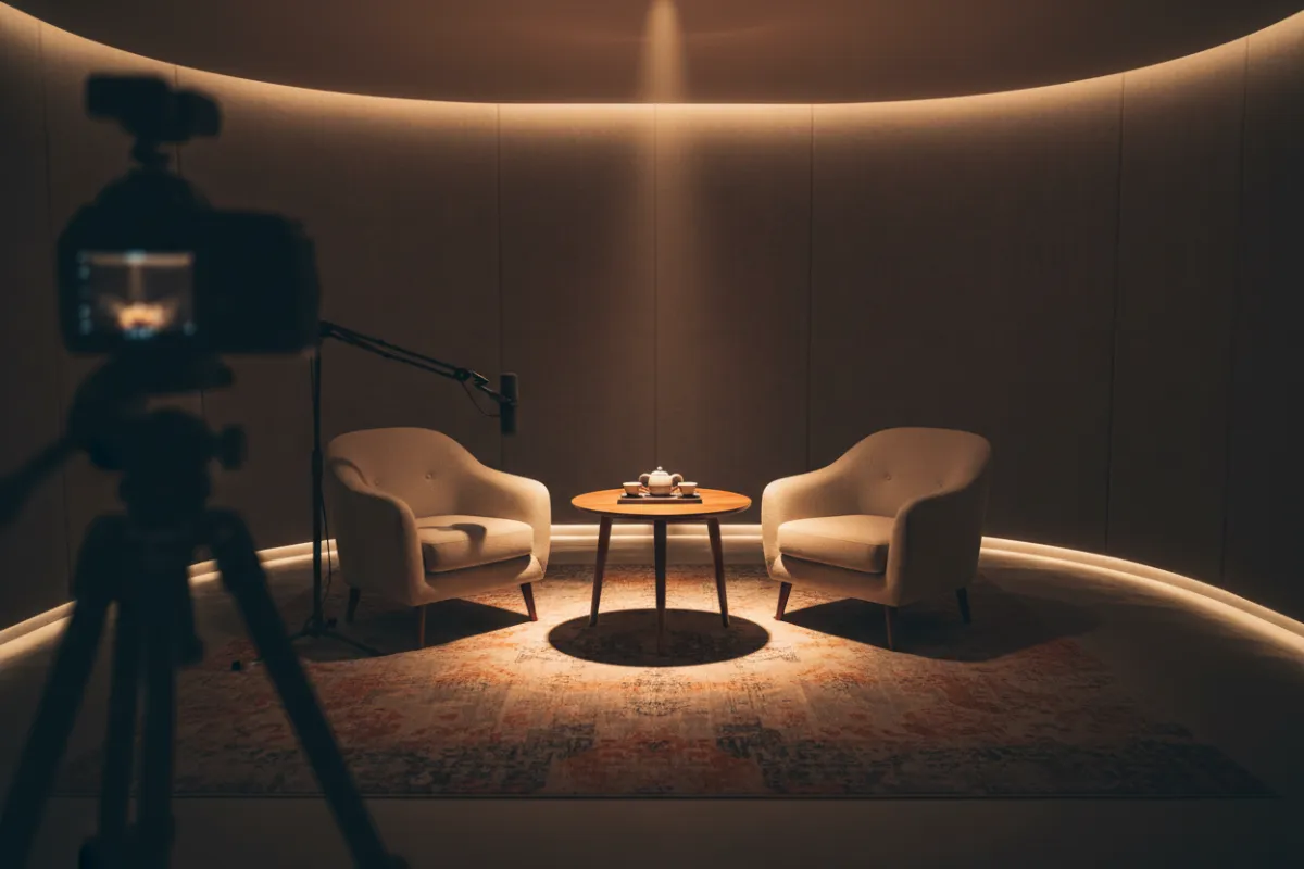 A diverse group of small business owners collaborating in a modern studio, with abstract sound waves and spotlight effects.