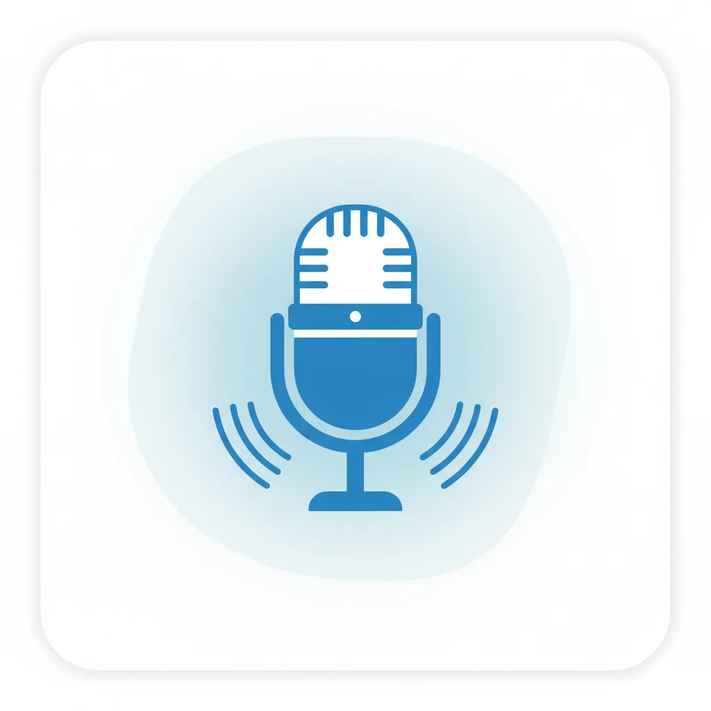 A flat vector icon of a classic microphone in blue and white, set against a soft circular background, symbolizing podcasting and public speaking.