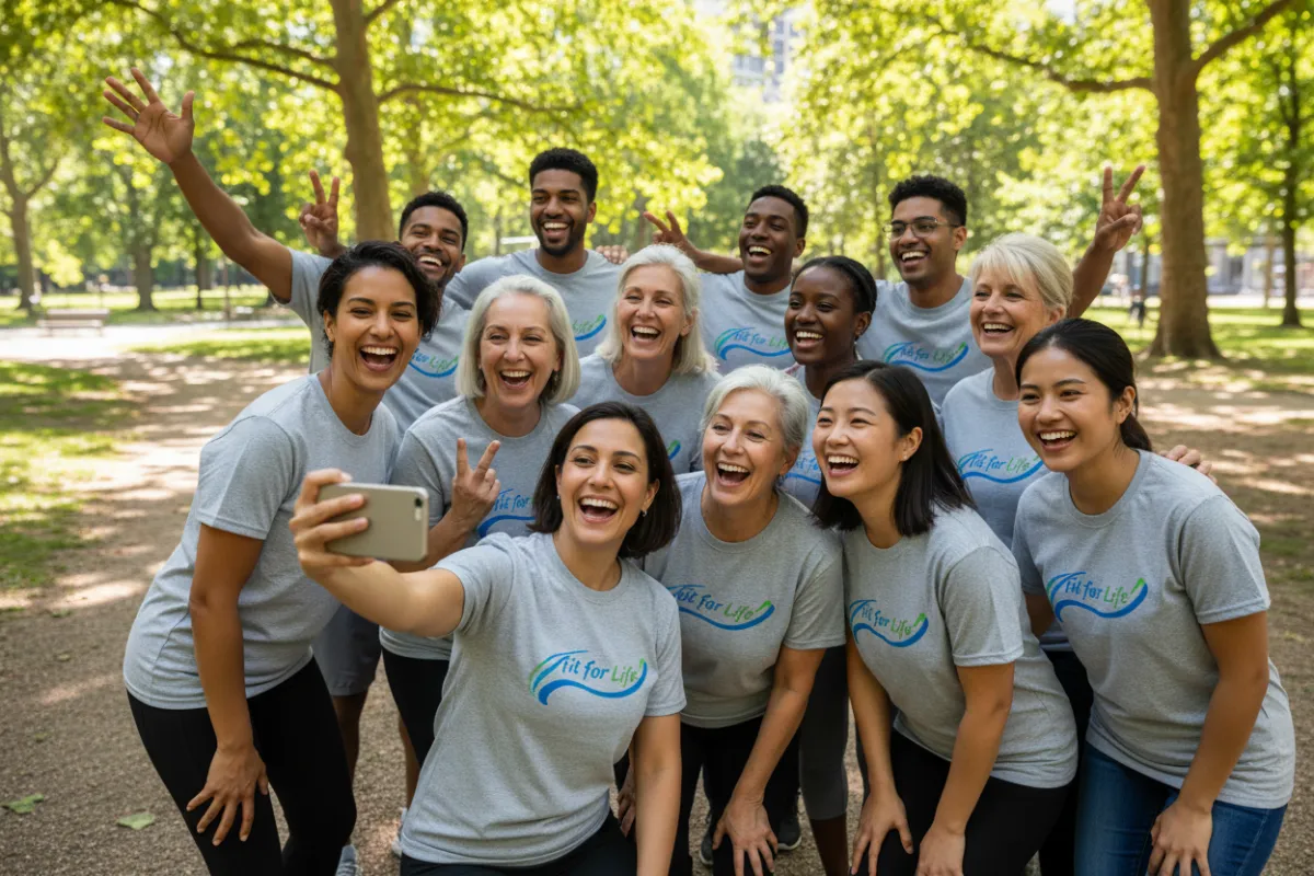 A group of people of different ages and backgrounds, wearing Fit for Life t-shirts, gathered outdoors in a park, laughing and posing for a group selfie. The scene is lively and inclusive, with greenery and sunlight. 3:2 aspect ratio.