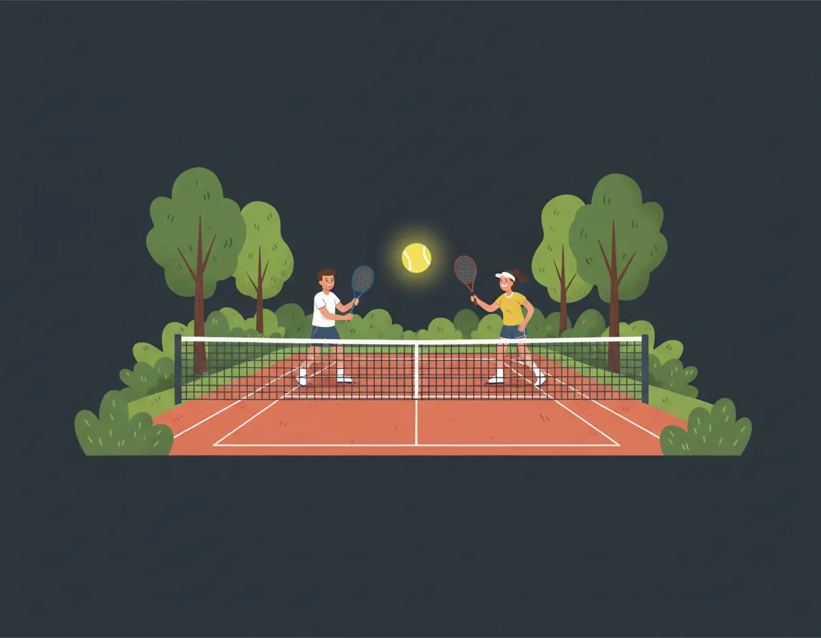Vidám, illusztrált teniszpálya Egerben – mosolygó játékosokkal és teniszlabda-sárga színekkel
