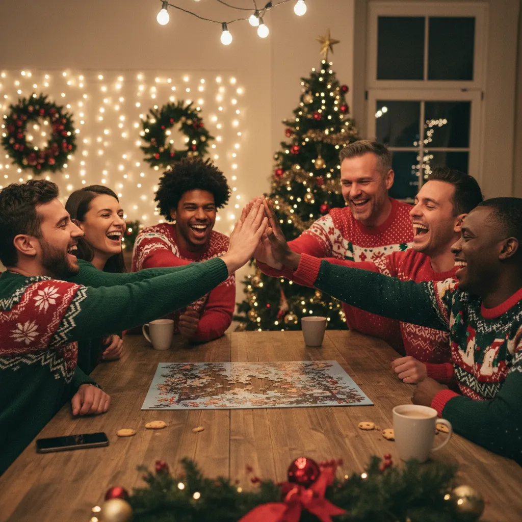A diverse group of coworkers in festive sweaters, laughing and high-fiving as they solve a puzzle together in a decorated room. The atmosphere is lively and inclusive, with holiday decorations and a sense of accomplishment and camaraderie.