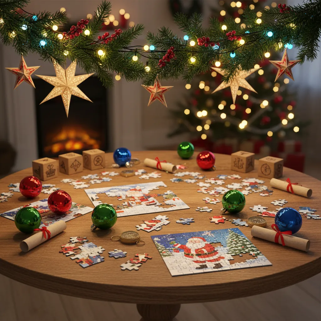 A round wooden table covered in Christmas-themed puzzles, ornaments, and clues. Festive garlands and twinkling lights hang above, with a sense of anticipation and playful challenge in the air. The setting is bright, colorful, and full of holiday spirit.