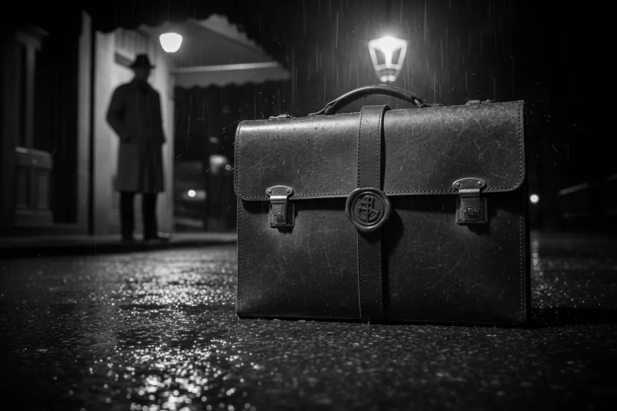 A mysterious briefcase with a crimson wax seal, resting on a rain-slicked pavement under a flickering streetlight, with a shadowy figure in the distance. The scene is noir, high-contrast, and cinematic.