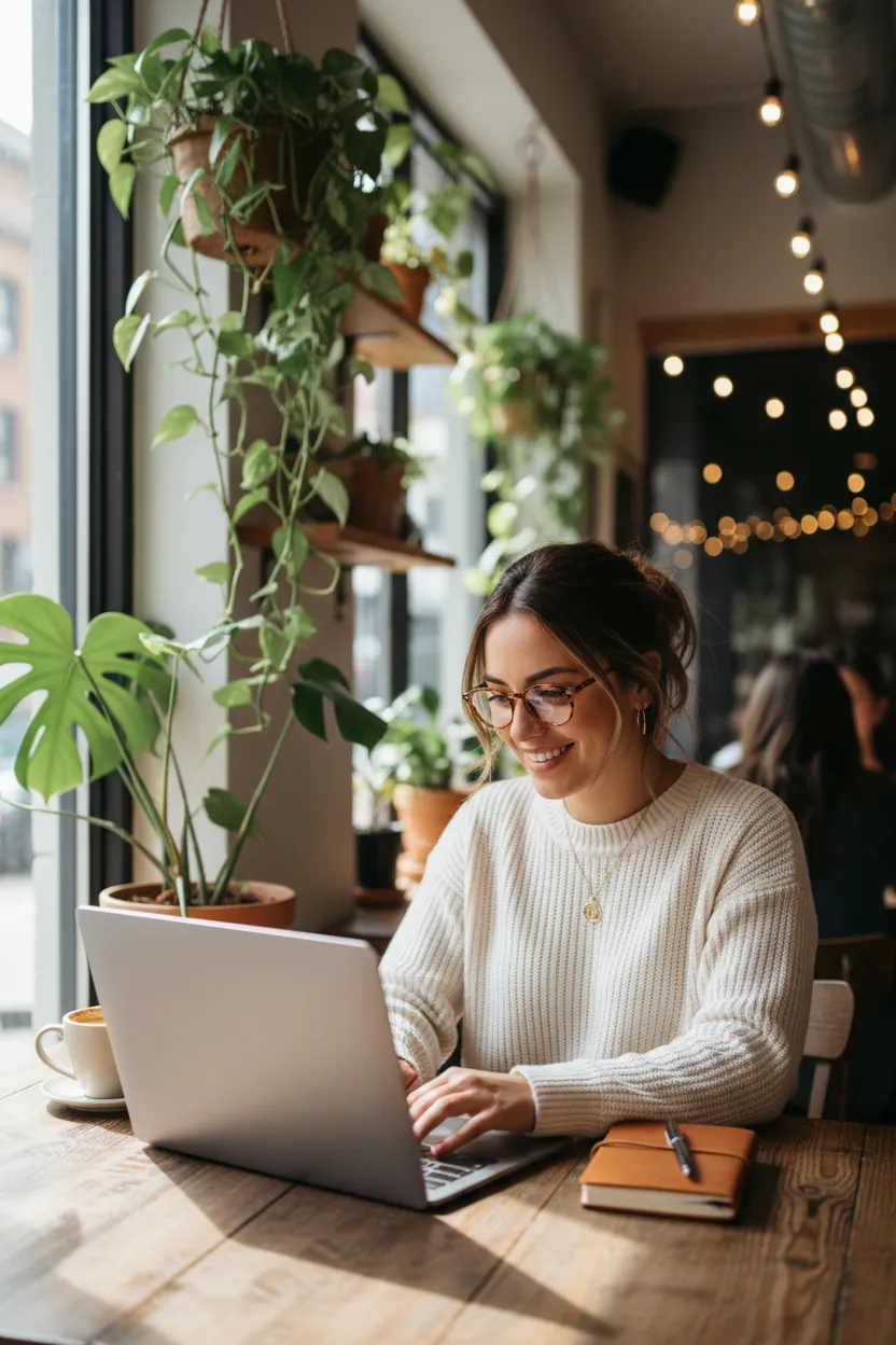 Fotografía vertical de una pequeña empresaria hispana usando una laptop en una cafetería acogedora, rodeada de plantas y luz natural. La escena transmite accesibilidad y modernidad, mostrando a la empresaria concentrada en agendar una consulta en línea.