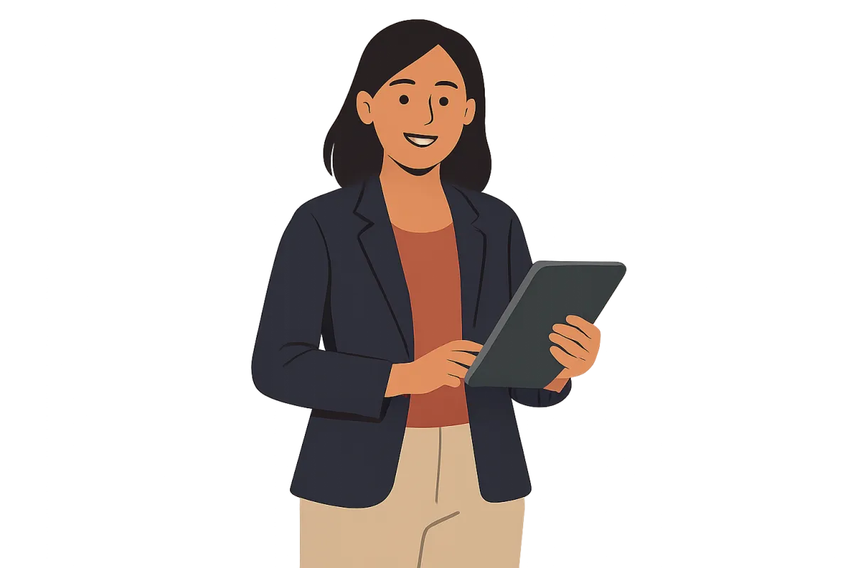 Ilustración plana de una empresaria sonriente, de pie, con una tablet en la mano, completamente aislada sobre fondo transparente. Viste ropa casual profesional y transmite confianza y cercanía, ideal para captar la atención de pequeños empresarios en busca de asesoría.