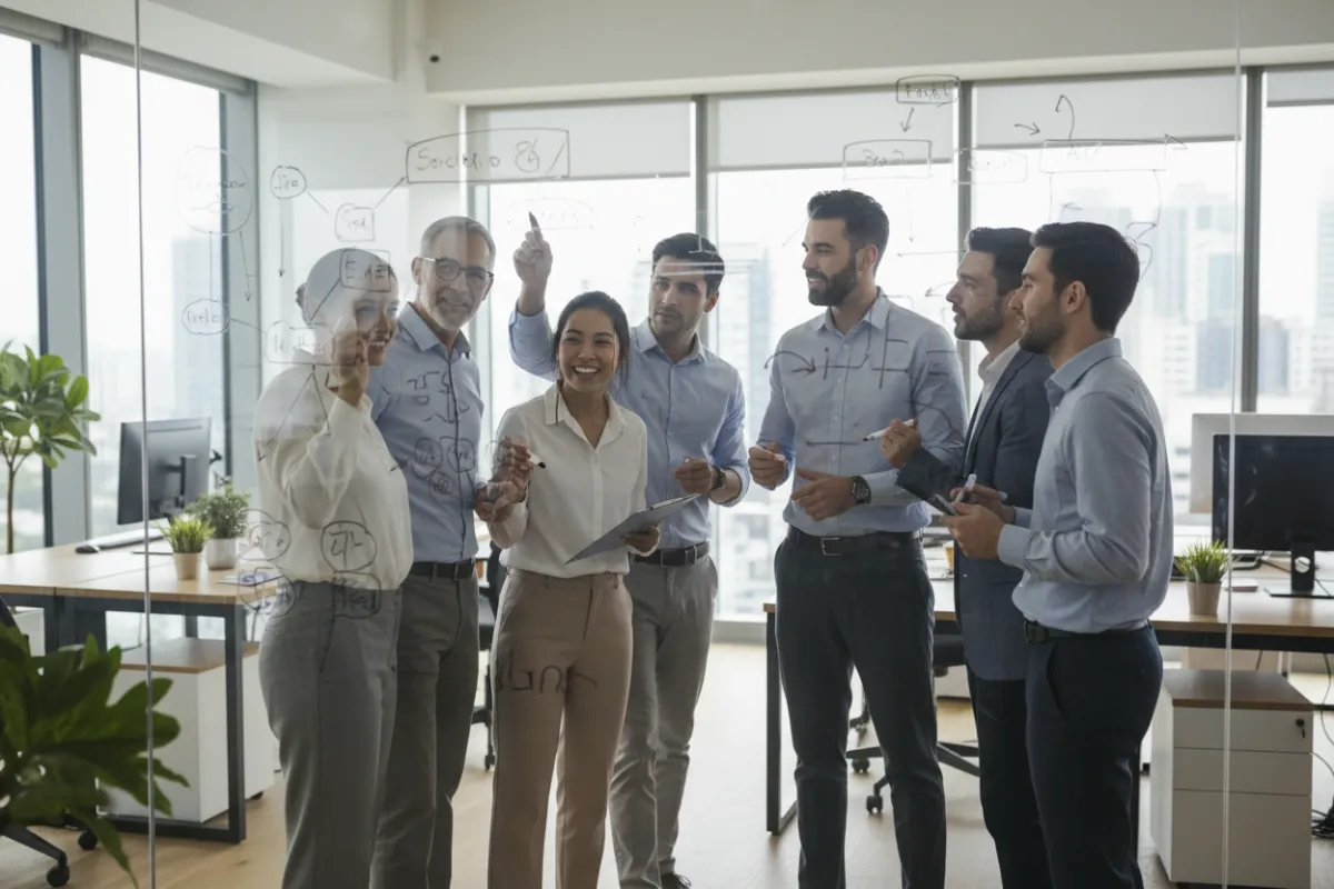 Equipo de Estrategia Viral colaborando en una oficina moderna, revisando ideas en una pizarra blanca, ambiente luminoso y profesional, diversidad de género y edades, estilo realista