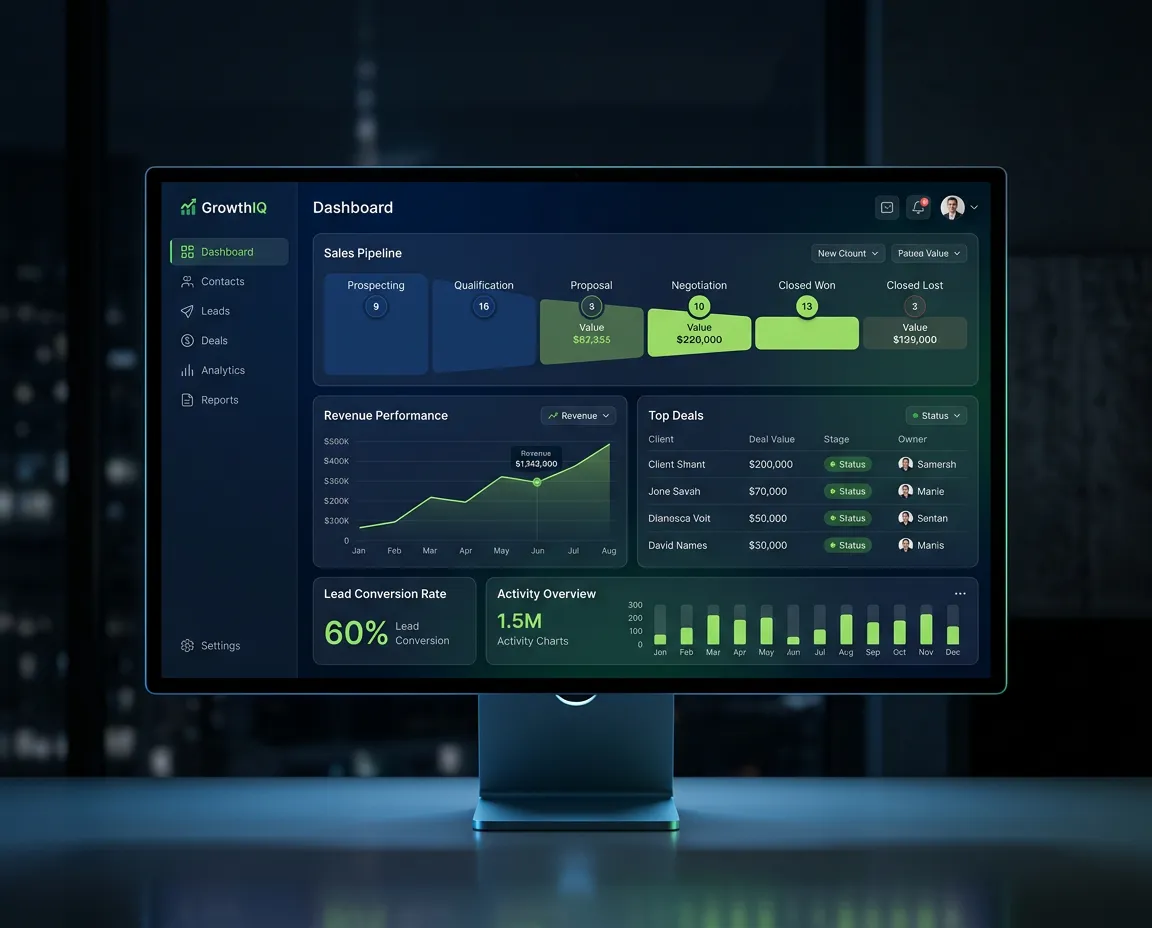 GrowthIQ high-fidelity CRM dashboard preview showcasing analytics, revenue charts, and intuitive deal stages