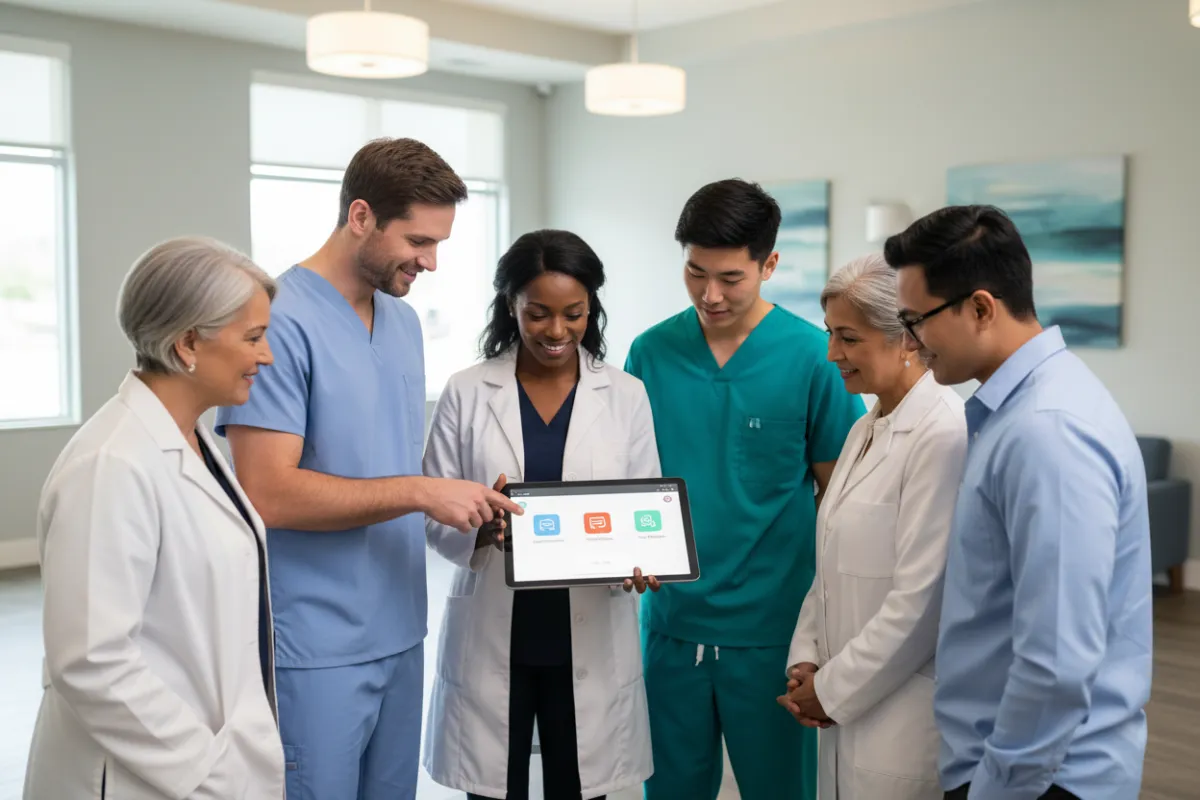 A friendly, diverse group of clinic professionals gathered around a digital tablet, reviewing an online patient portal interface. The background is softly blurred, with a modern clinic setting, bright lighting, and a sense of collaboration. The group includes both men and women, various ages and ethnicities, all smiling and engaged.