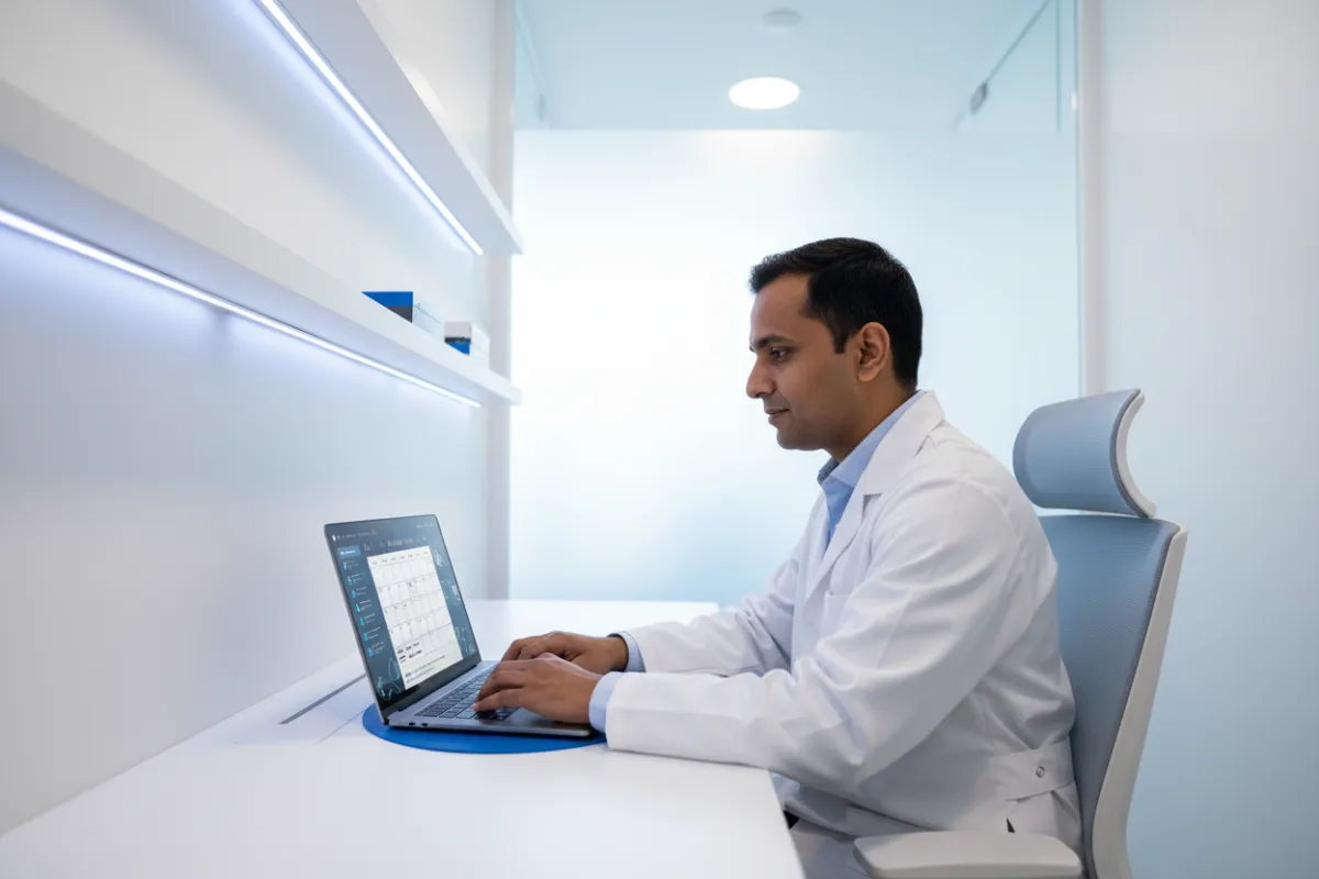 A pharmacist in a private consultation room using a laptop to manage patient appointments, with a digital dashboard visible on the screen. The setting is modern, with blue and white tones, and the pharmacist is focused and professional, mid-30s, South Asian descent.
