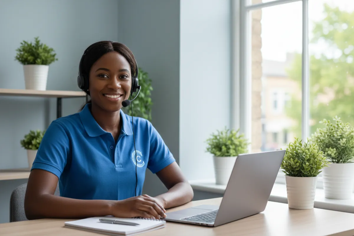 A cheerful support specialist, Black British woman in her late 20s, wearing a headset and ClinicSmart-branded polo, sits at a modern desk with a laptop and notepad. The office is bright, with plants and a window, conveying approachability and professionalism.