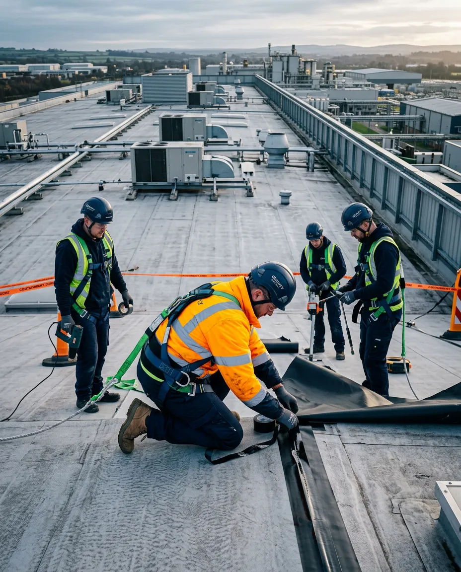 Commercial roofing operatives in certified PPE and high-vis safety equipment executing industrial roof containment