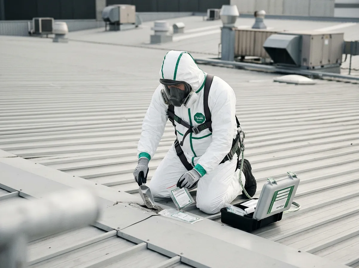 Professional licensed asbestos surveyor taking laboratory sample from commercial corrugated roofing