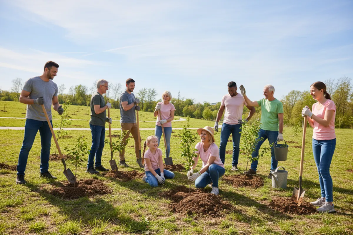 Volunteers of all ages plant trees together in a local park, working side by side with joy and purpose.