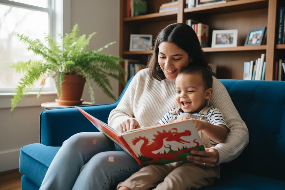 A mother and her young son, both with light brown skin, sit together on a cozy blue couch, reading a colorful storybook. The living room is softly lit, with bookshelves and a plant in the background. The child is smiling, fully engaged, while the mother points to words on the page. The scene radiates warmth, encouragement, and family connection.