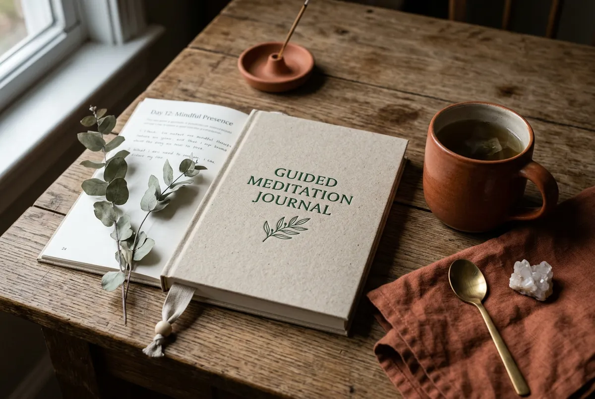 Mindful sanctuary goods, intentional journals, and botanical wellness remedies arranged with care