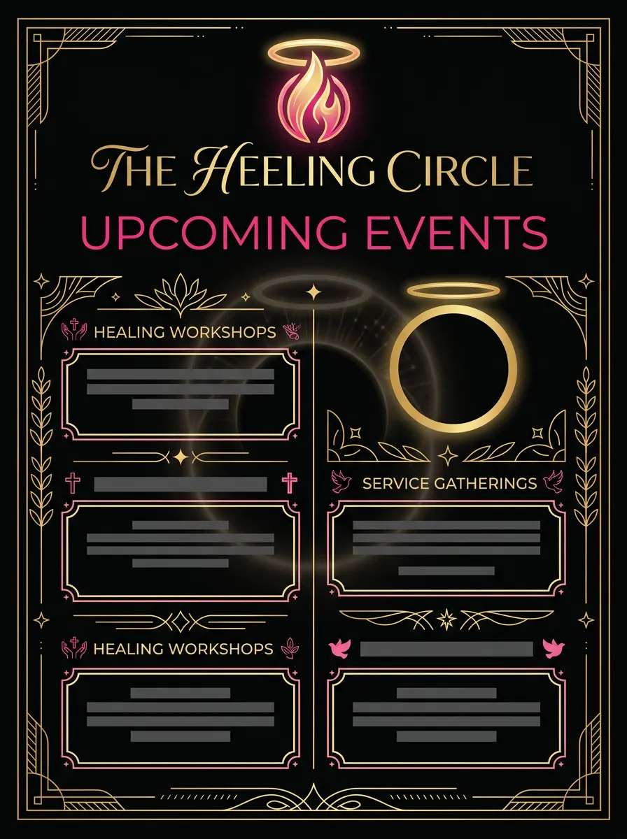 Upcoming Events flyer-style graphic placeholder in black, hot pink, and gold