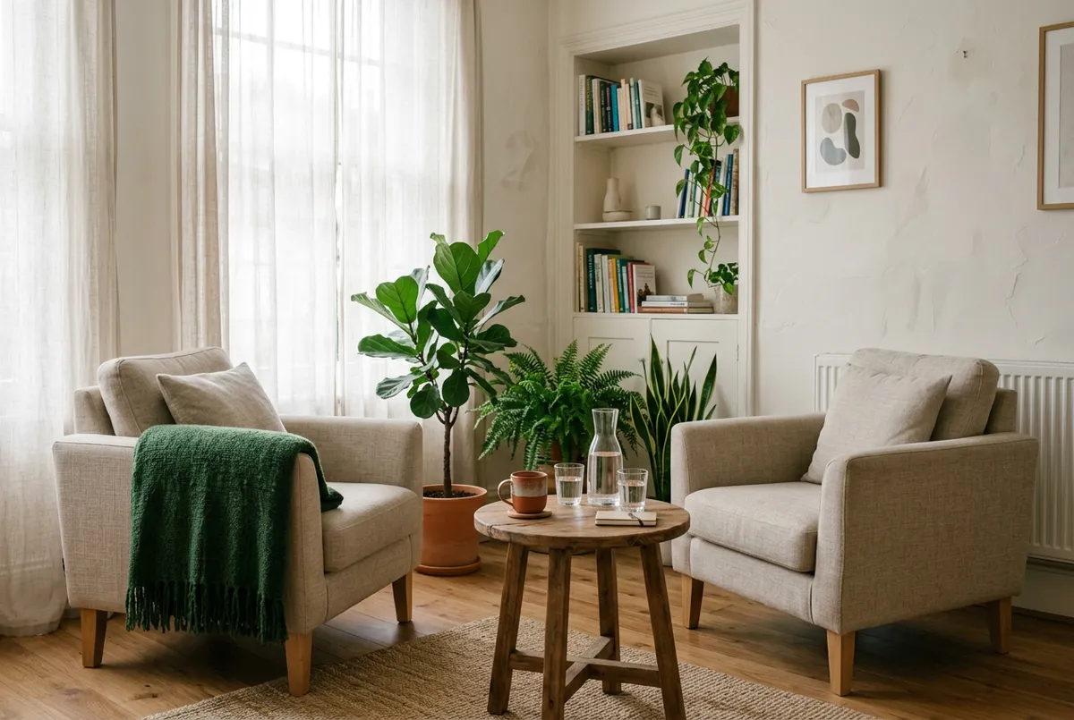 Serene counseling sanctuary with soft natural morning light and calming botanical elements