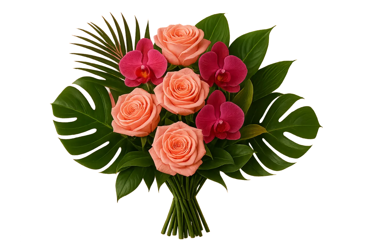 Luxe mixed bouquet with roses, orchids, and tropical foliage