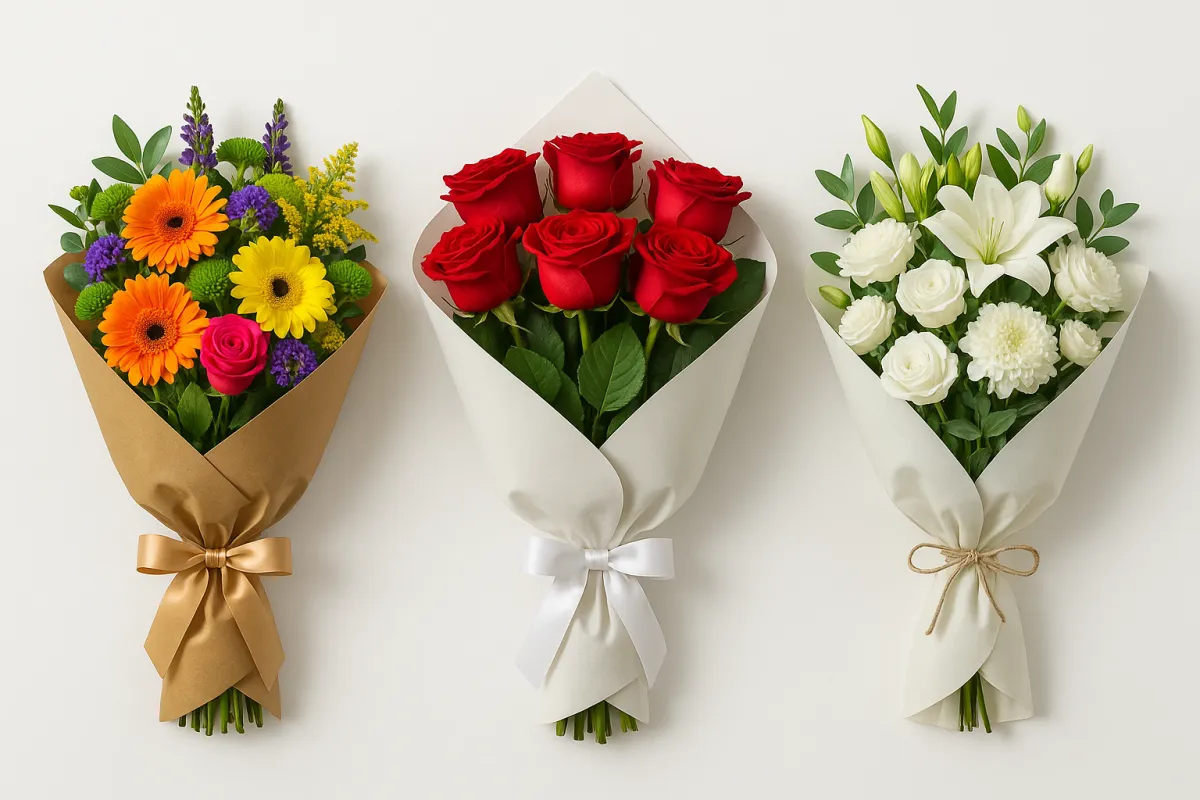Three packaged bouquets showing Celebration, Intimate, and Sympathy variations on a clean background.