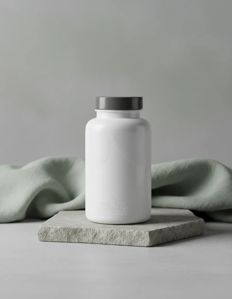 Professional multivitamin bottle against natural stone texture