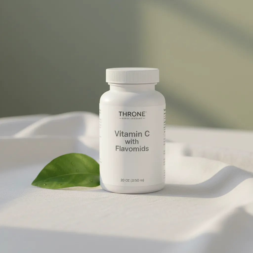 Thorne Vitamin C with Flavonoids bottle on a soft, sunlit linen surface with citrus leaf—visual metaphor for vibrant purity.