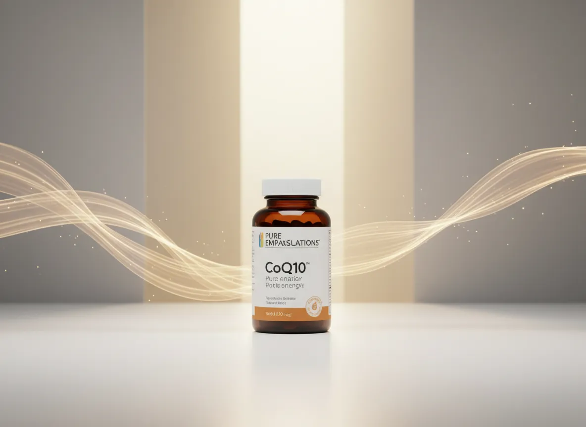 Pure Encapsulations CoQ10 bottle on a soft architectural background