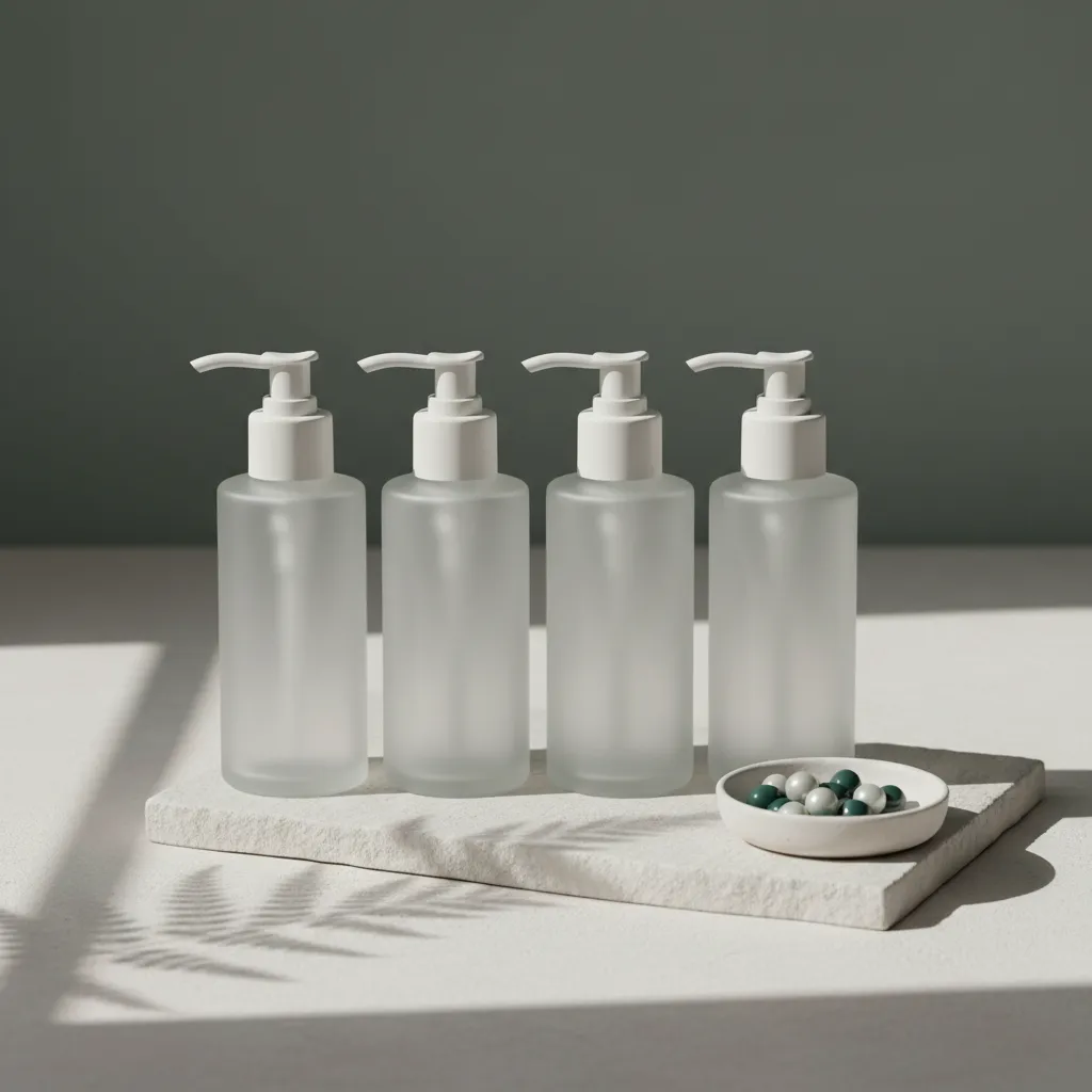 Minimalist apothecary-style Child Foundation Stack bottles and capsules arranged on off-white with botanical accents