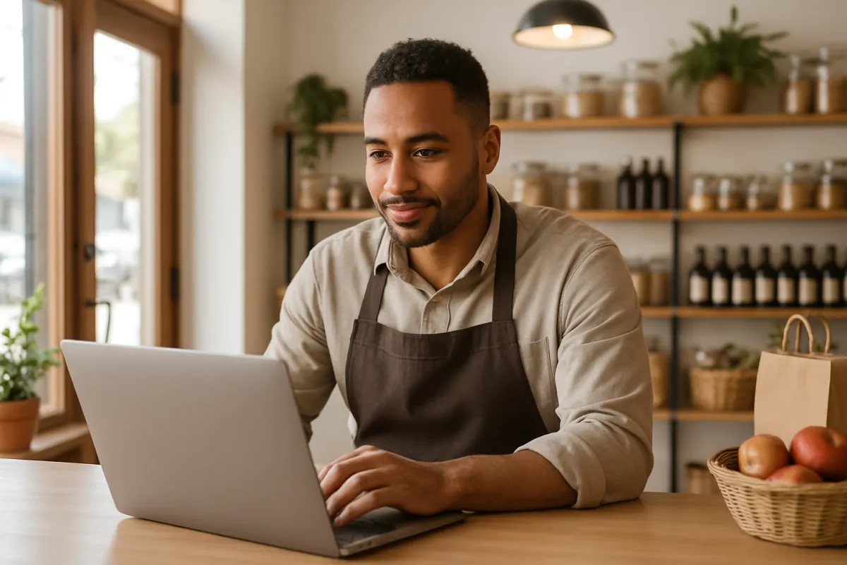 Small-business owner reviewing campaign metrics on a laptop at a storefront counter, photorealistic style.