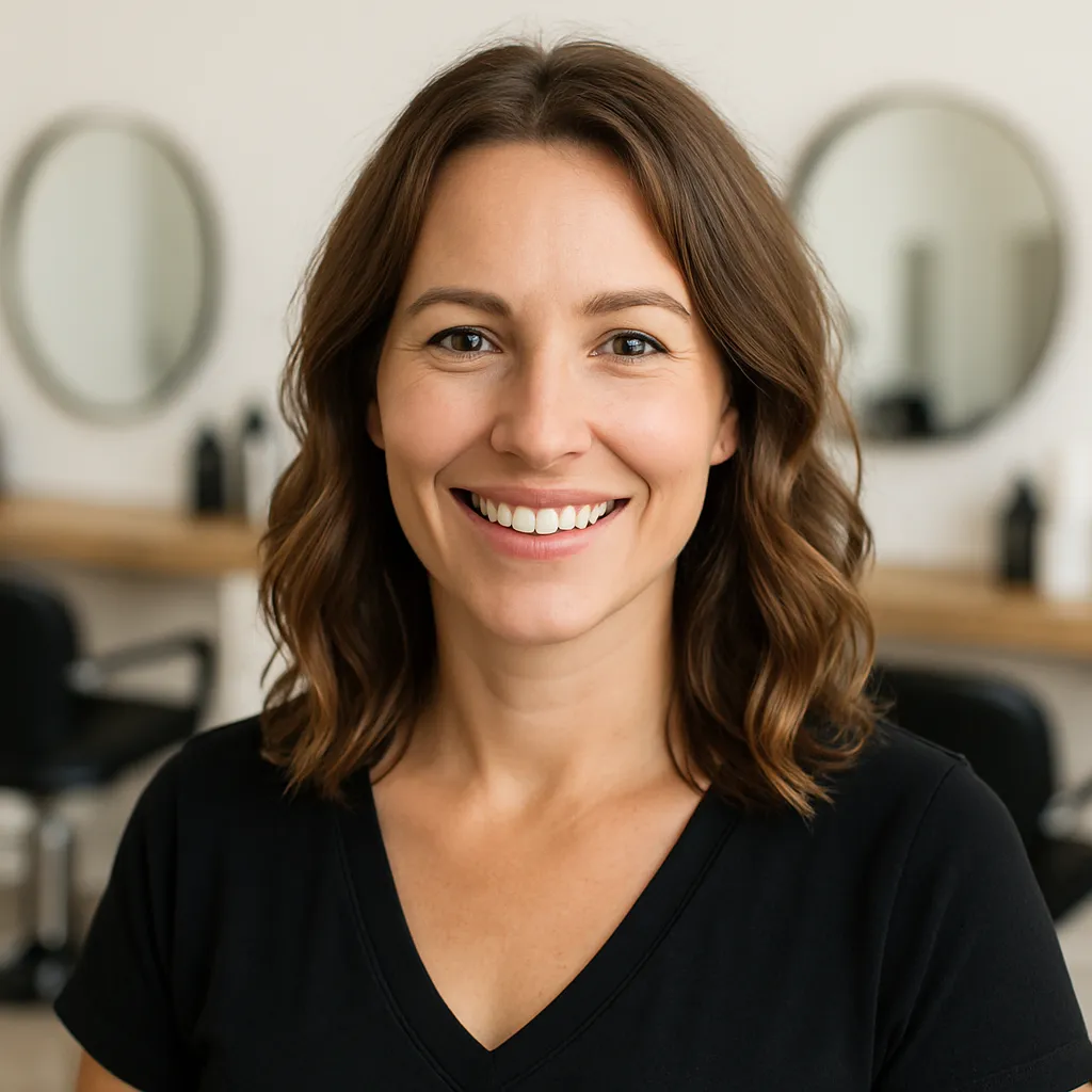 Headshot of a smiling female salon owner, photorealistic, 1:1 aspect ratio
