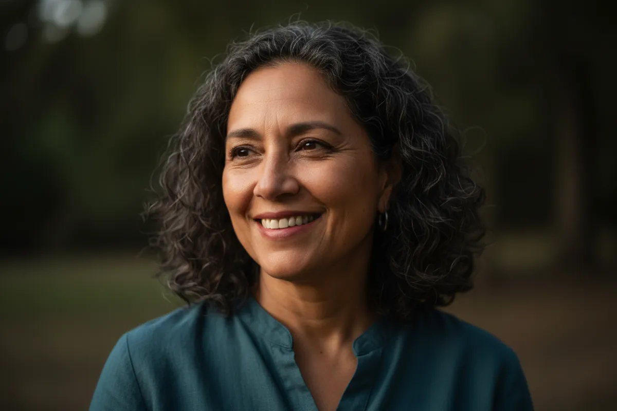 Portrait of a midlife Black woman (around 50) in a warm, empathetic medical context