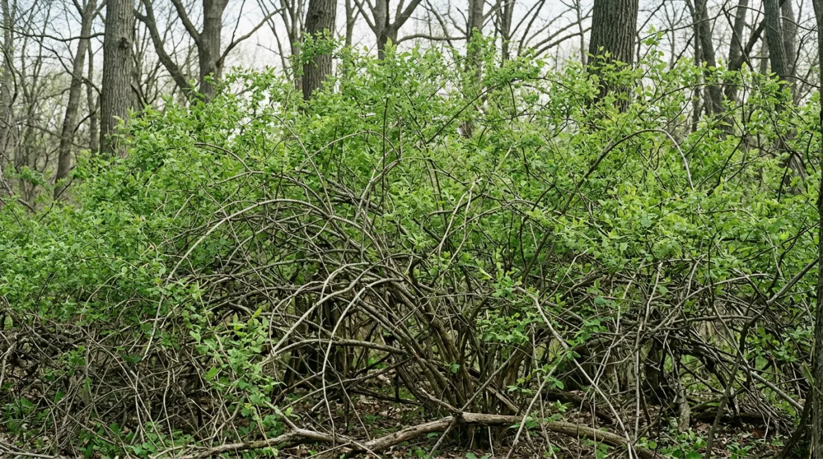 Eradication of invasive bush honeysuckle thicket in Illinois woodland understory