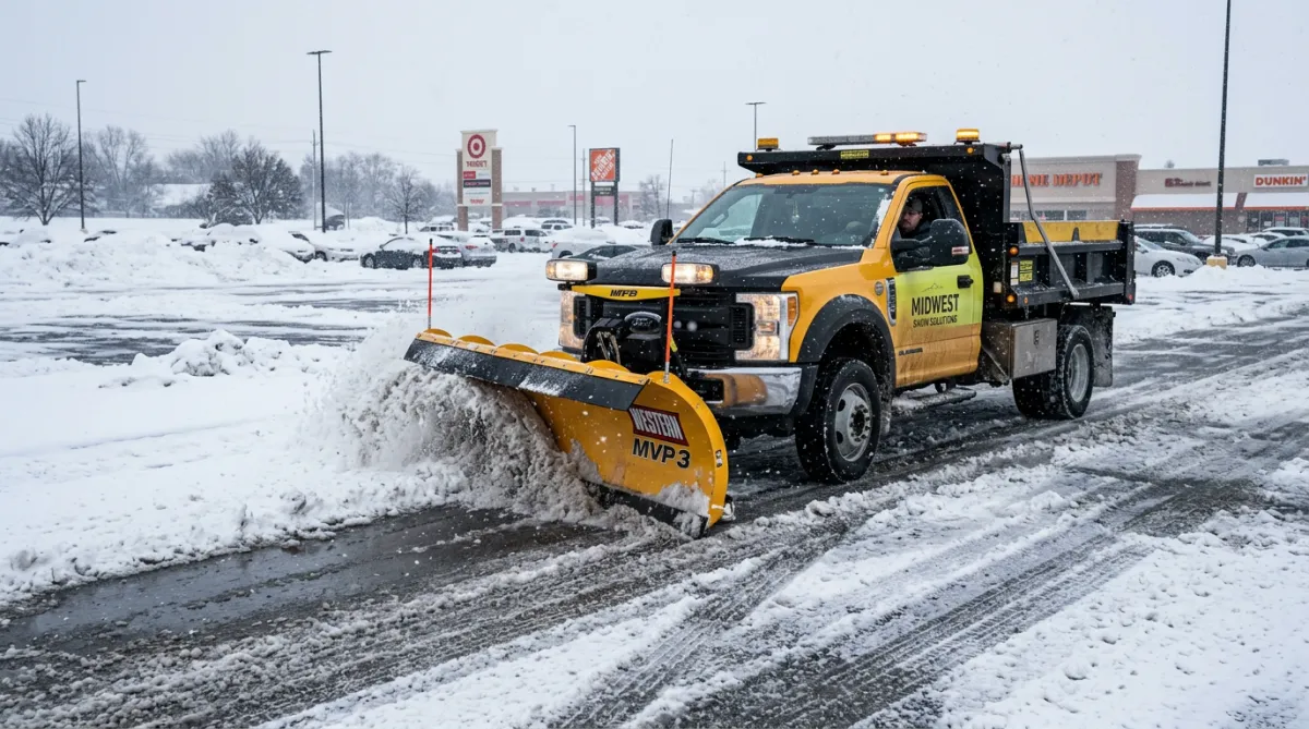 Commercial heavy equipment plow clearing snowy parking lot during Midwest winter storm