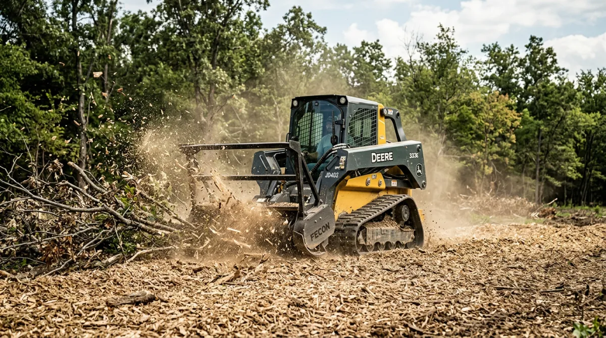 High-flow forestry mulcher converting dense hardwood brush into fine soil-enriching mulch