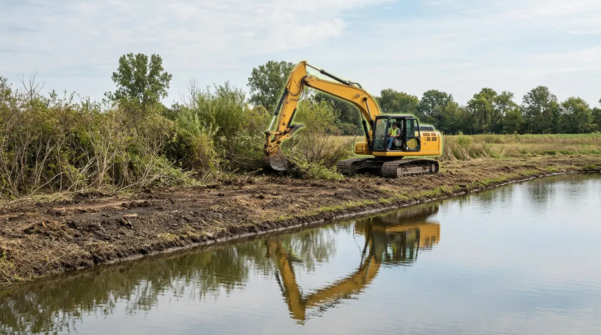 Excavator clearing dense willow and brush along a clean retention pond bank