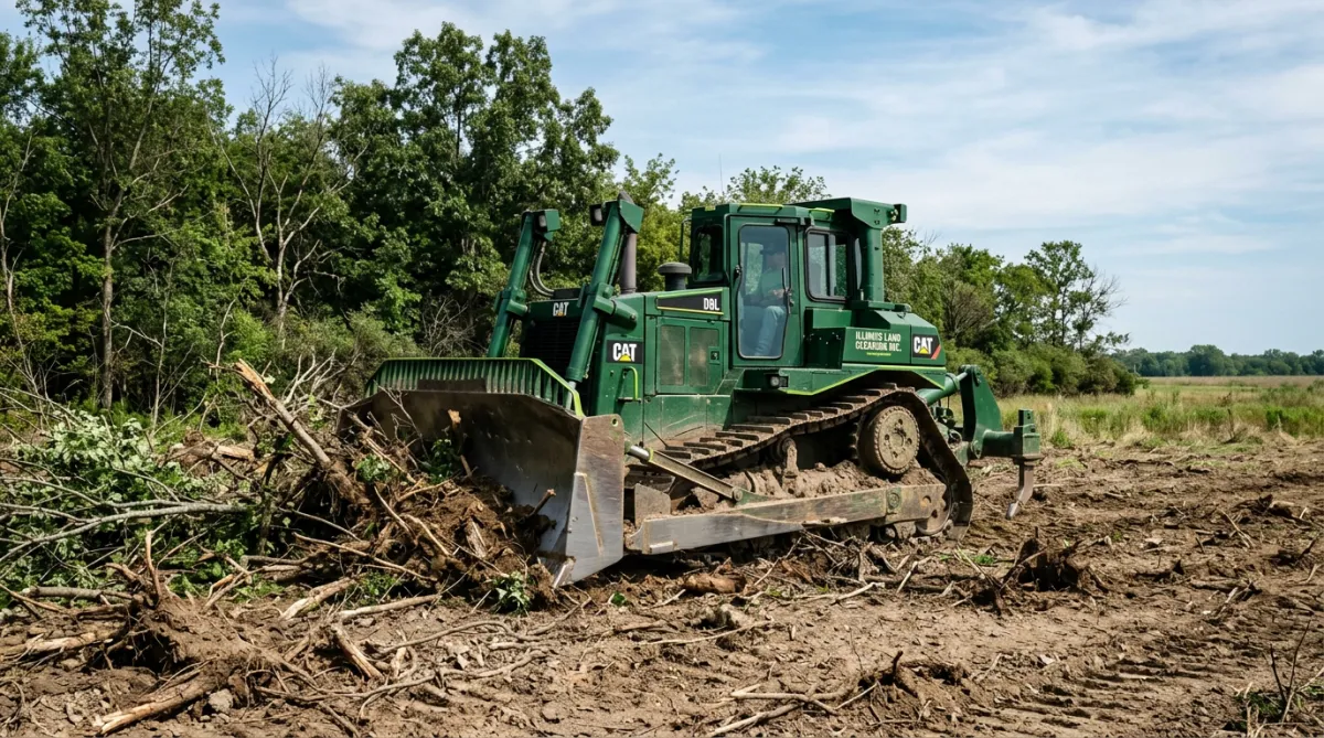 Heavy track loader performing full lot land clearing in flat Midwest acreage