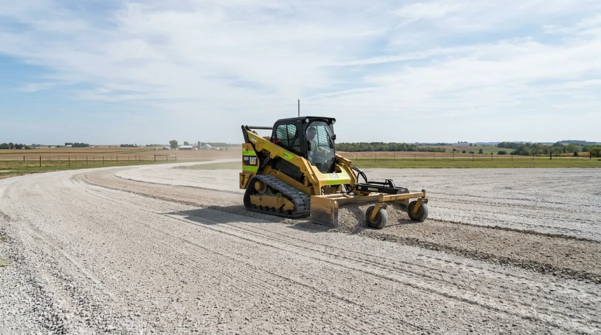 Skid steer grader box leveling crushed limestone on a large rural driveway