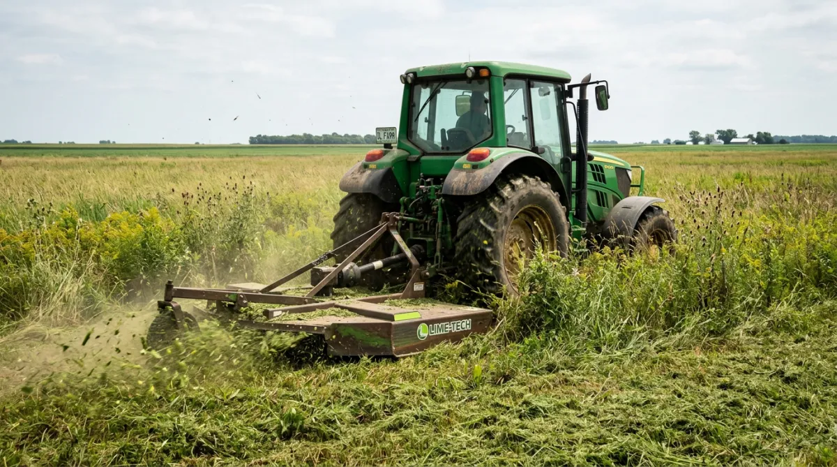 Heavy duty commercial brush hog mower clearing tall pasture grass and dense weeds