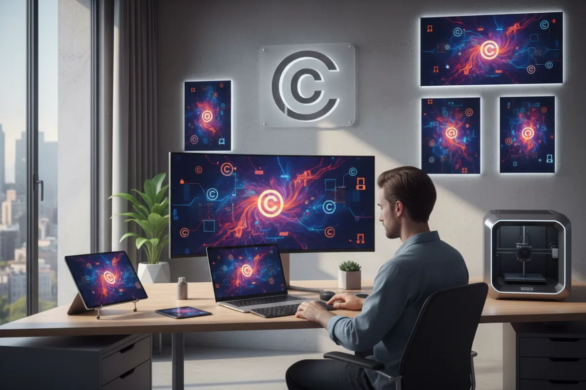 A creative workspace with digital artwork, copyright symbols, and a designer working on a laptop.